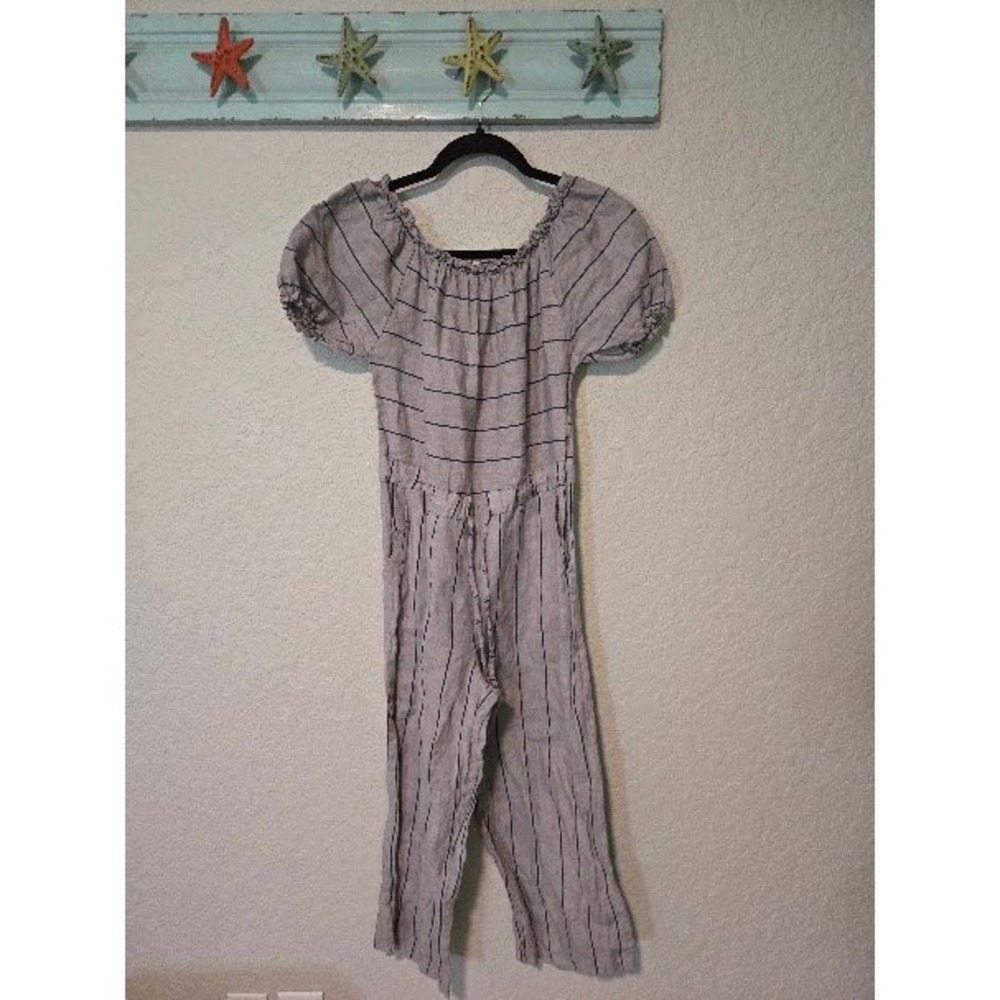 Francesca Bettini Italy Linen Striped Jumpsuit Grey Blue Puff Sleeve Small
